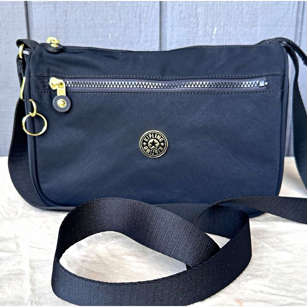 Kipling Black Tonal Crossbody Bag Gold Hardware Zip Closure Adjustable Strap